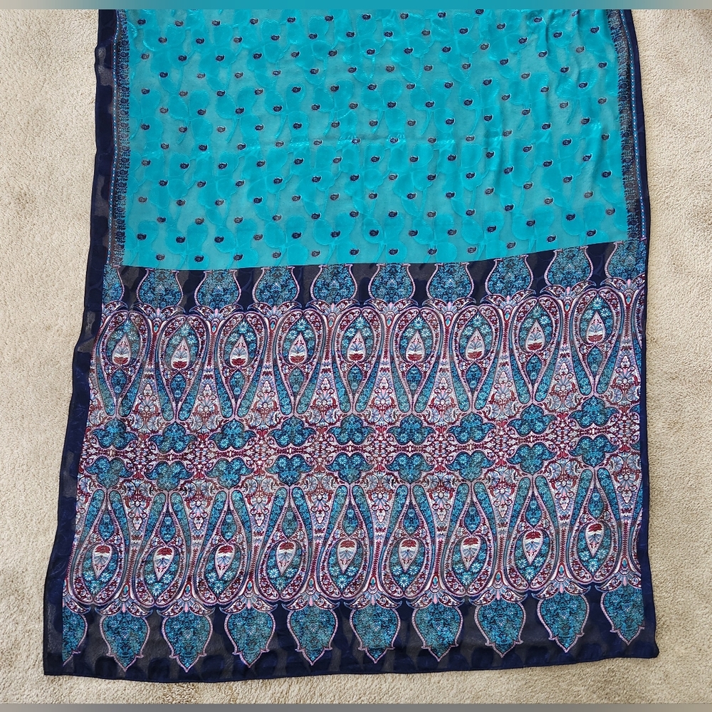 Turquoise Teal Blue Sari Saree Wrap Scarf Kimono Fabric - Floral Paisley - Japan